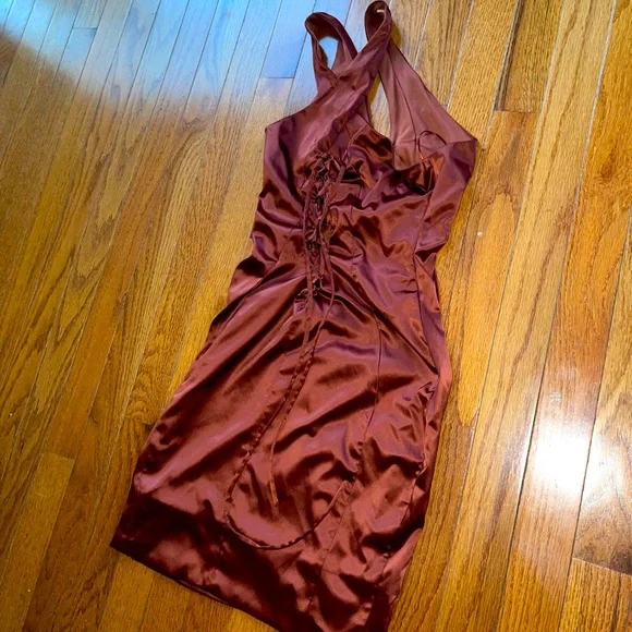 open lace back dress Isla Trendy One Shoulder Pleats Slit Satin Dresses, Copper main image 0